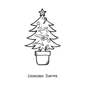 Desenho para colorir de uma arvorezinha de Natal com enfeites em um vaso