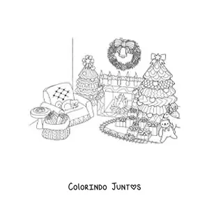 Desenho para colorir de uma arvorezinha de Natal na sala decorada com presentes e brinquedos embaixo
