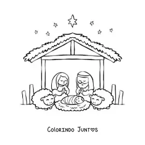Desenho para colorir de um presepio de Natal com ovelhas