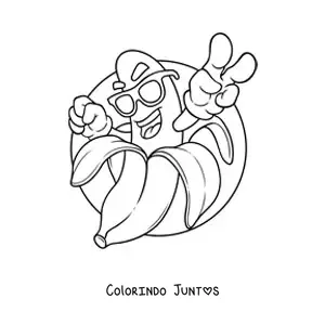 Desenho para colorir de uma banana animada acenando com óculos de sol