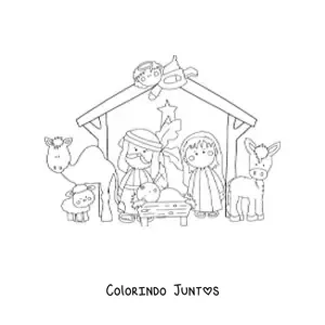 Desenho para colorir do nascimento do menino Deus na manjedoura com mula, ovelha e camelo