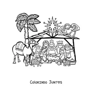 Desenho para colorir de um presepio de Natal com camelo, ovelhas, os Reis Magos e o anjo Gabriel
