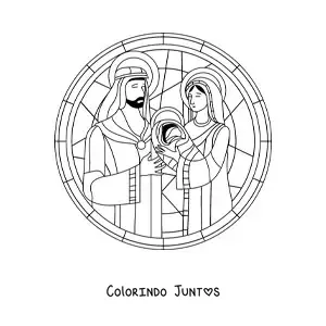 Desenho para colorir de vitral com presepio de Natal