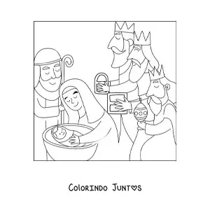 Desenho para colorir de um presepio com os Reis Magos