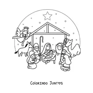 Desenho para colorir de um presepio de Natal com camelo, ovelha, os Reis Magos e o anjo Gabriel