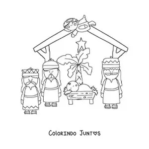 Desenho para colorir dos Reis Magos e o anjo Gabriel com o Menino Jesus na manjedoura