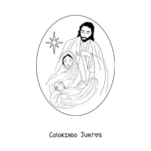 Desenho para colorir de Maria com Jose e Jesus e a estrela de um Belem