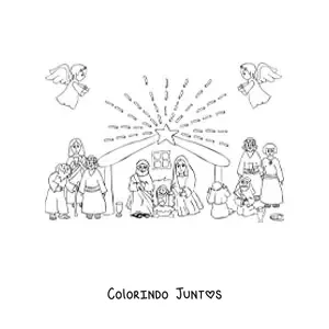 Desenho para colorir de um presepio animado com pastores e anjos