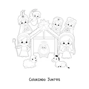 Desenho para colorir de um presepio de Natal kawaii com ovelha, mula, os Reis Magos e o anjo Gabriel