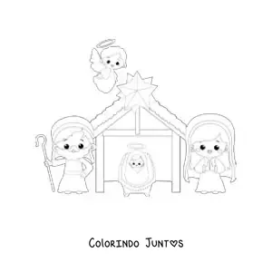 Desenho para colorir de um presepio de Natal kawaii com o anjo Gabriel