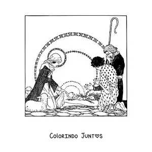 Desenho para colorir de um presepio de Natal realista de Belem