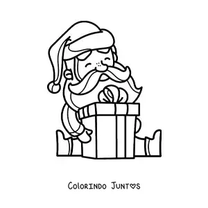 Desenho para colorir de Papai Noel kawaii sentado com presente