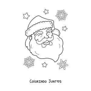 Desenho para colorir do rosto de Papai Noel com os olhos fechados e flocos de neve ao fundo