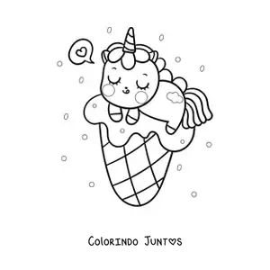 Desenho para colorir de um unicórnio kawaii sobre um sorvete de casquinha