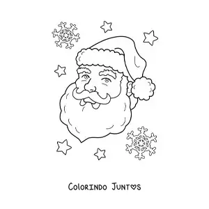 Desenho para colorir do rosto de Papai Noel sorrindo e flocos de neve ao fundo