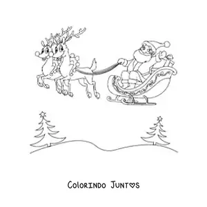 Desenho para colorir de Papai Noel voando no treno com renas