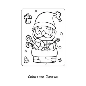 Desenho para colorir de Papai Noel kawaii entrando em uma chamine com presentes