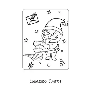 Desenho para colorir de Papai Noel kawaii revisando a lista de criancas boas