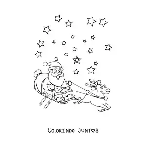 Desenho para colorir de Papai Noel animado no treno com rena