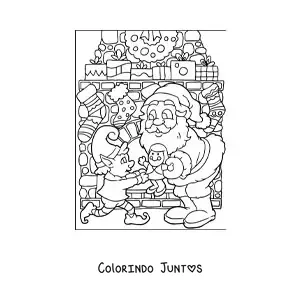 Desenho para colorir de Papai Noel com elfo e brinquedos