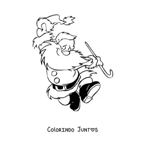 Desenho para colorir de Papai Noel segurando seu gorro e uma bengala enquanto pula