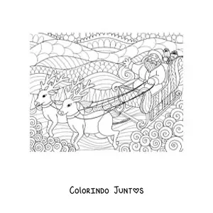 Desenho para colorir de Papai Noel no treno com renas estilo zentangle