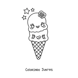 Desenho para colorir de uma casquinha de sorvete de dois sabores kawaii com estrelas