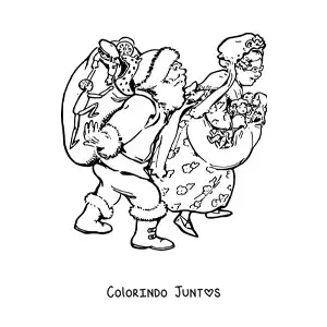 Desenho para colorir de Papai Noel e Mamae Noel com presentes