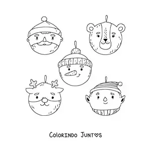 Desenho para colorir de bolas de Natal em forma de urso, Papai Noel, elfo, rena e boneco de neve