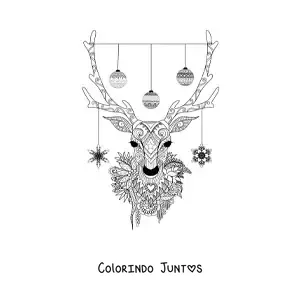Desenho para colorir de uma rena com bolas de Natal penduradas em sua galhada