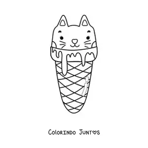 Desenho para colorir de um gato como bola de sorvete kawaii em uma casquinha
