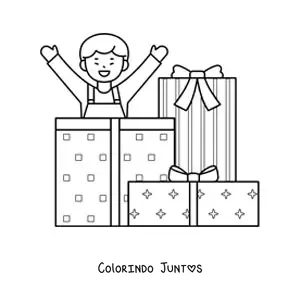 Desenho para colorir de menino com presentes de Natal