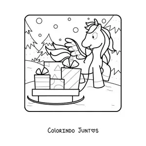 Desenho para colorir de unicórnio com trenó com presentes