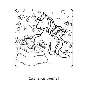 Desenho para colorir de unicórnio com saco de presentes