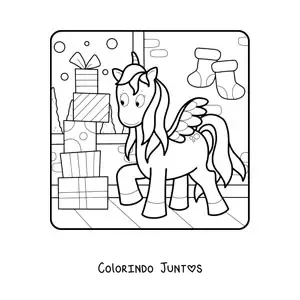 Desenho para colorir de unicórnio com pilha de presentes