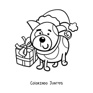 Desenho para colorir de cachorro com presente de Natal