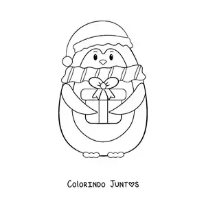 Desenho para colorir de pinguim com presente de Natal