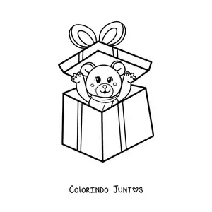 Desenho para colorir de um ursinho de pelúcia dentro de uma caixa de presente de Natal