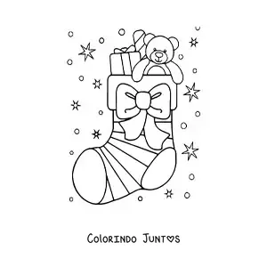 Desenho para colorir de meia de Natal com laço e ursinho de pelúcia