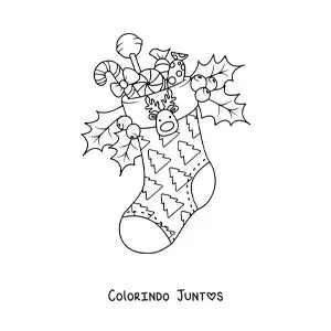Desenho para colorir de bota de Natal com doces e enfeite de rena