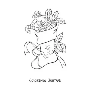 Desenho para colorir de bota de Natal com brinquedos e doces