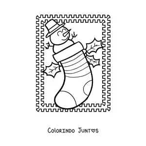 Desenho para colorir de meia de Natal com boneco de neve animado