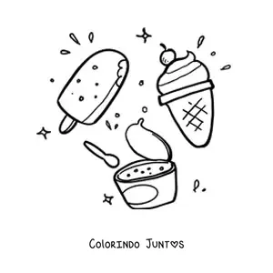 Desenho para colorir de um sorvete de pote ao lado de um picolé e um sorvete de casquinha