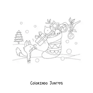 Desenho para colorir de esquilo kawaii em uma meia natalina entregando um presente a uma raposa kawaii