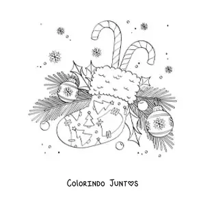 Desenho para colorir de meia natalina com bengalas de doce, bolas de Natal e ramos de pinheiro
