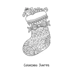 Desenho para colorir de bota natalina com presentes e laço estilo zentangle