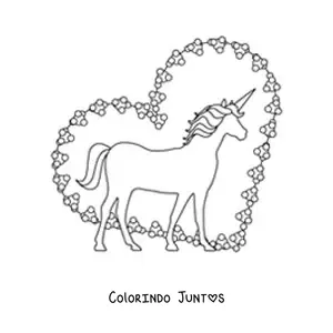 Desenho para colorir da silhueta de um unicórnio com um coração ao fundo