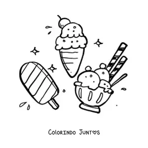 Desenho para colorir de um picolé com uma taça de sorvete e uma casquinha