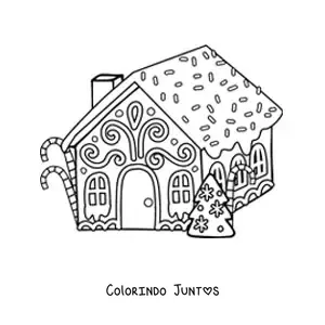 Desenho para colorir de casa de gengibre com árvore de Natal e bengalas de doce