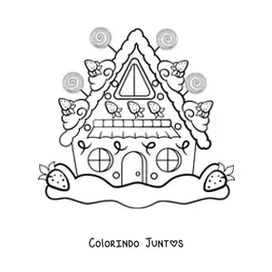Desenho para colorir de casa de gengibre kawaii com morangos